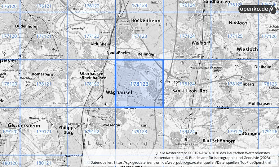 Übersichtskarte des KOSTRA-DWD-2020-Rasterfeldes Nr. 178123