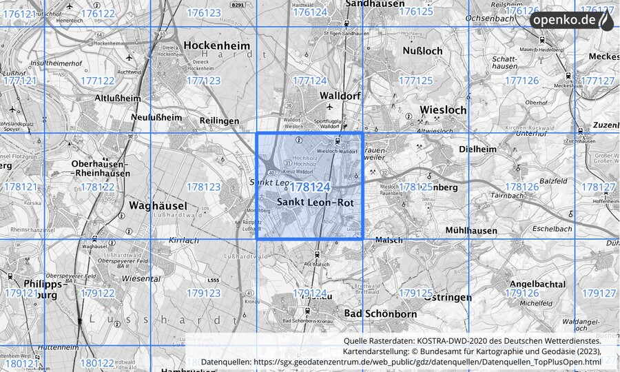 Übersichtskarte des KOSTRA-DWD-2020-Rasterfeldes Nr. 178124