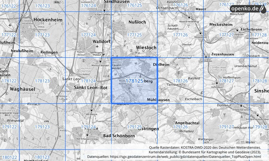 Übersichtskarte des KOSTRA-DWD-2020-Rasterfeldes Nr. 178125