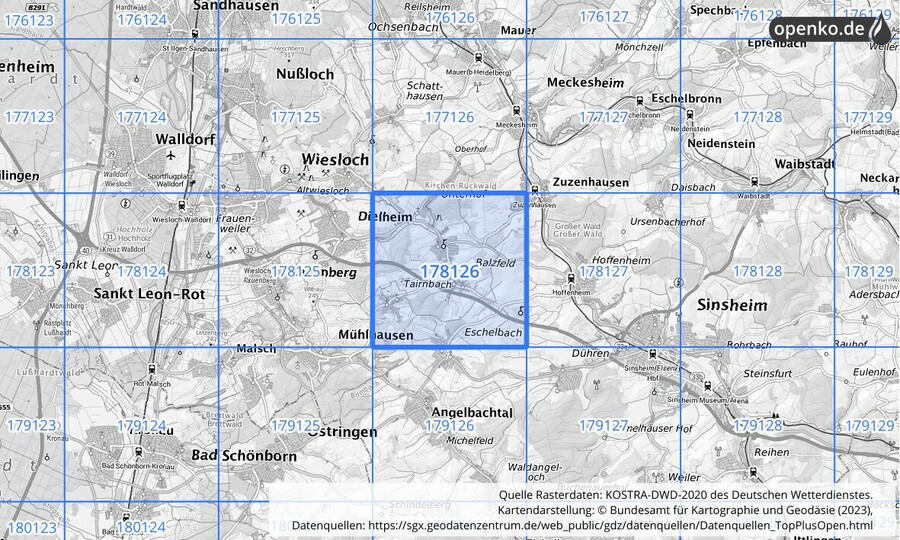 Übersichtskarte des KOSTRA-DWD-2020-Rasterfeldes Nr. 178126