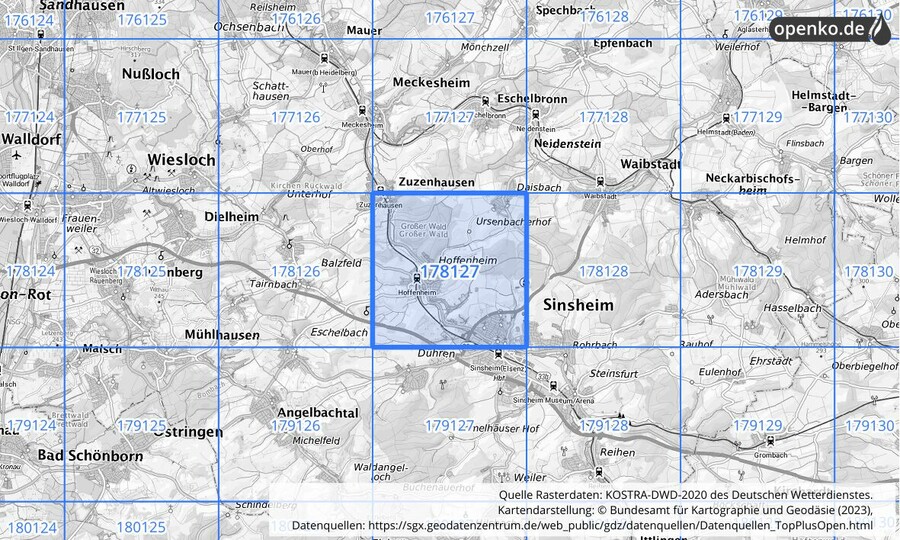 Übersichtskarte des KOSTRA-DWD-2020-Rasterfeldes Nr. 178127