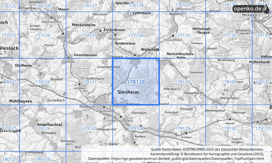 Übersichtskarte des KOSTRA-DWD-2020-Rasterfeldes Nr. 178128