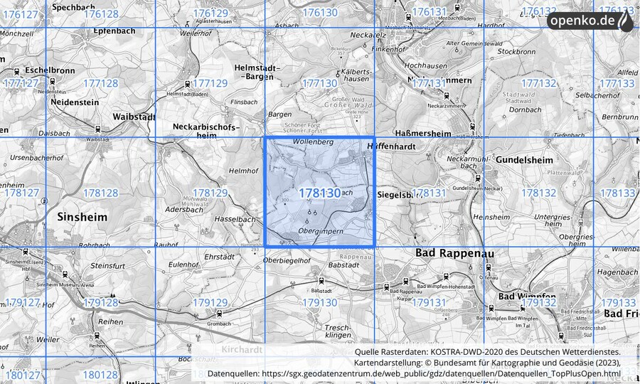 Übersichtskarte des KOSTRA-DWD-2020-Rasterfeldes Nr. 178130