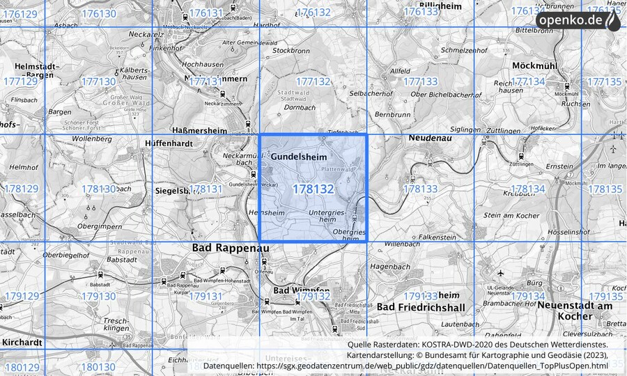 Übersichtskarte des KOSTRA-DWD-2020-Rasterfeldes Nr. 178132