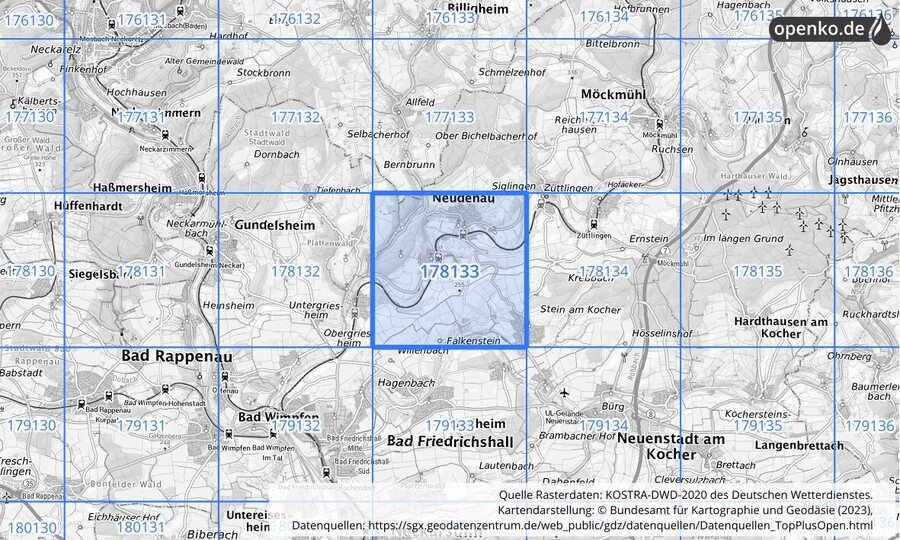 Übersichtskarte des KOSTRA-DWD-2020-Rasterfeldes Nr. 178133