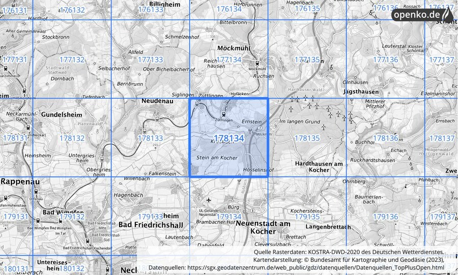 Übersichtskarte des KOSTRA-DWD-2020-Rasterfeldes Nr. 178134