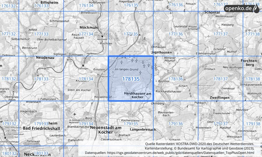 Übersichtskarte des KOSTRA-DWD-2020-Rasterfeldes Nr. 178135