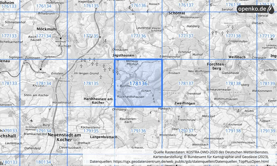 Übersichtskarte des KOSTRA-DWD-2020-Rasterfeldes Nr. 178136