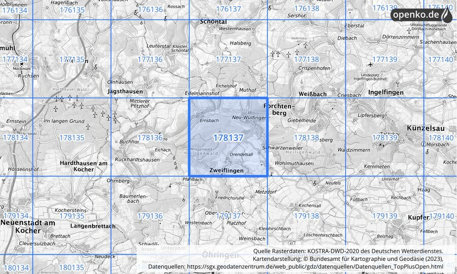 Übersichtskarte des KOSTRA-DWD-2020-Rasterfeldes Nr. 178137