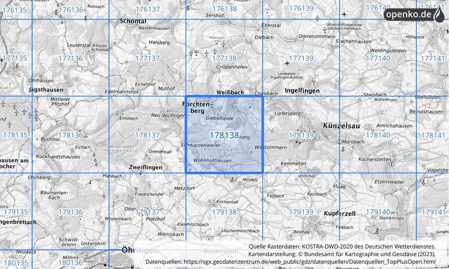 Übersichtskarte des KOSTRA-DWD-2020-Rasterfeldes Nr. 178138