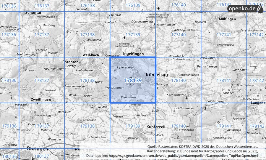 Übersichtskarte des KOSTRA-DWD-2020-Rasterfeldes Nr. 178139