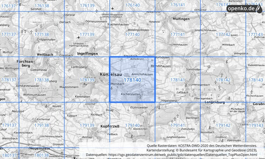 Übersichtskarte des KOSTRA-DWD-2020-Rasterfeldes Nr. 178140