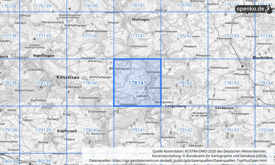 Übersichtskarte des KOSTRA-DWD-2020-Rasterfeldes Nr. 178141