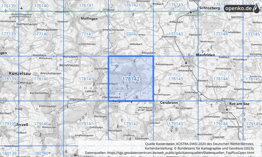 Übersichtskarte des KOSTRA-DWD-2020-Rasterfeldes Nr. 178142