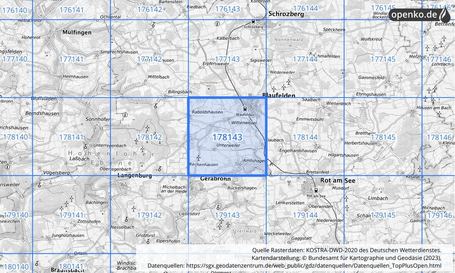 Übersichtskarte des KOSTRA-DWD-2020-Rasterfeldes Nr. 178143
