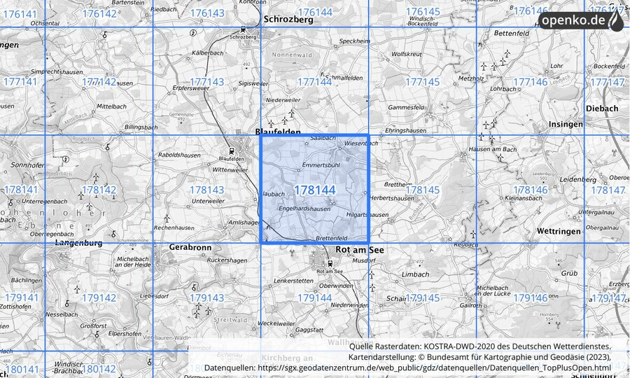 Übersichtskarte des KOSTRA-DWD-2020-Rasterfeldes Nr. 178144