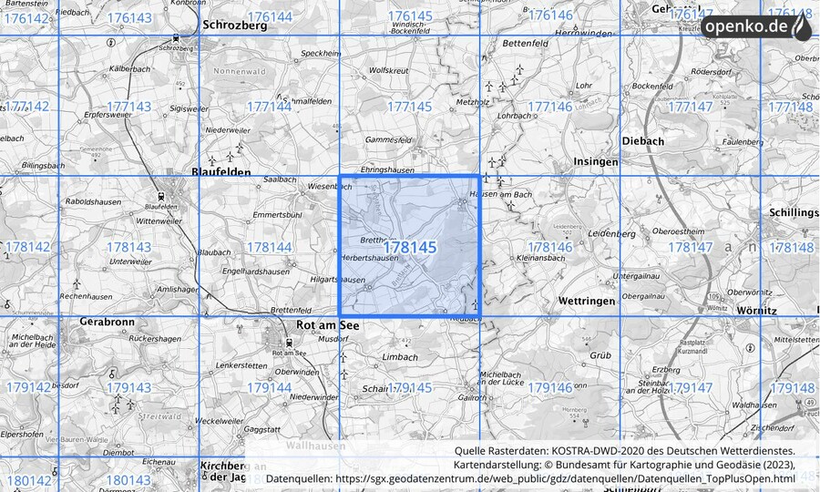 Übersichtskarte des KOSTRA-DWD-2020-Rasterfeldes Nr. 178145