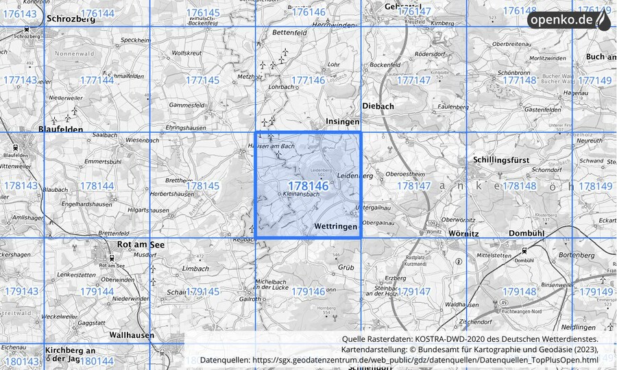 Übersichtskarte des KOSTRA-DWD-2020-Rasterfeldes Nr. 178146