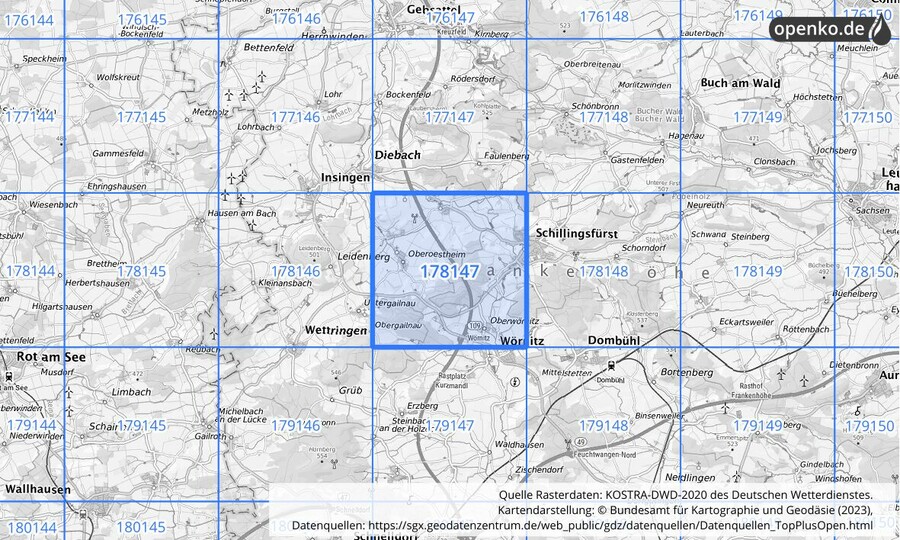 Übersichtskarte des KOSTRA-DWD-2020-Rasterfeldes Nr. 178147