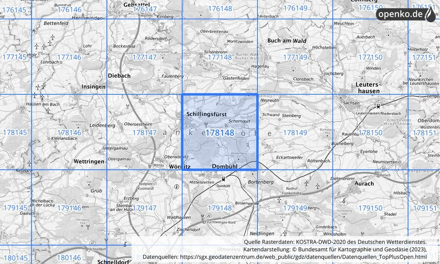 Übersichtskarte des KOSTRA-DWD-2020-Rasterfeldes Nr. 178148