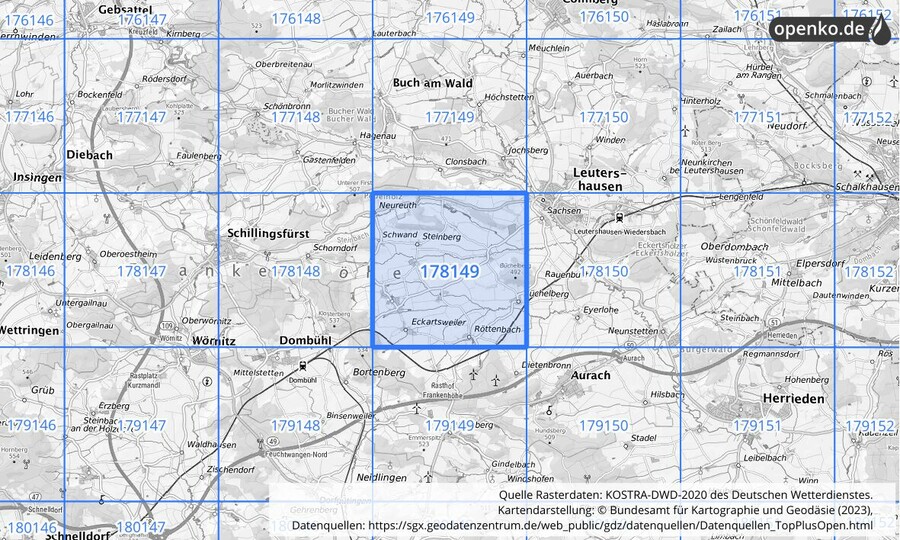 Übersichtskarte des KOSTRA-DWD-2020-Rasterfeldes Nr. 178149