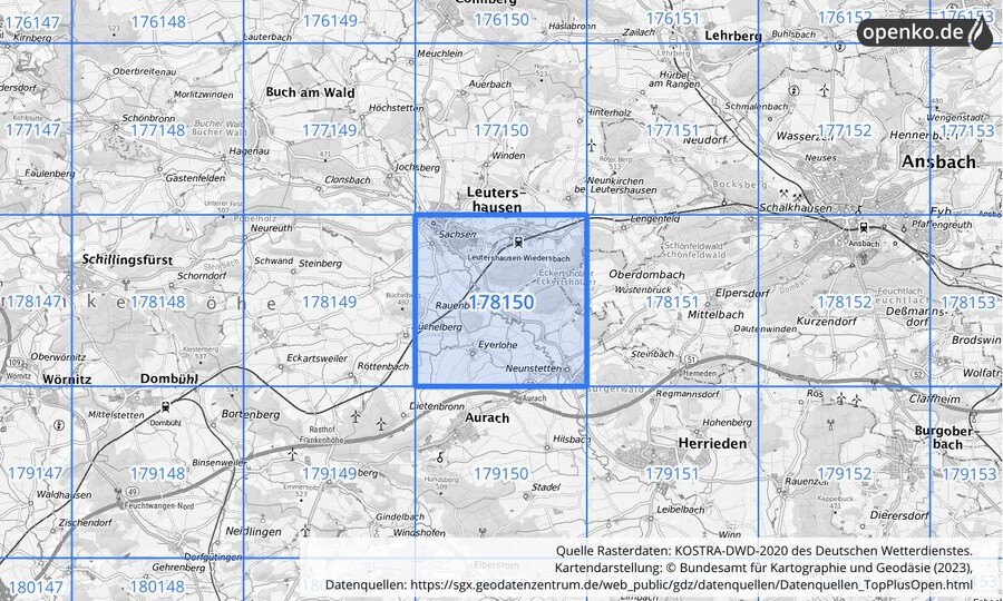 Übersichtskarte des KOSTRA-DWD-2020-Rasterfeldes Nr. 178150