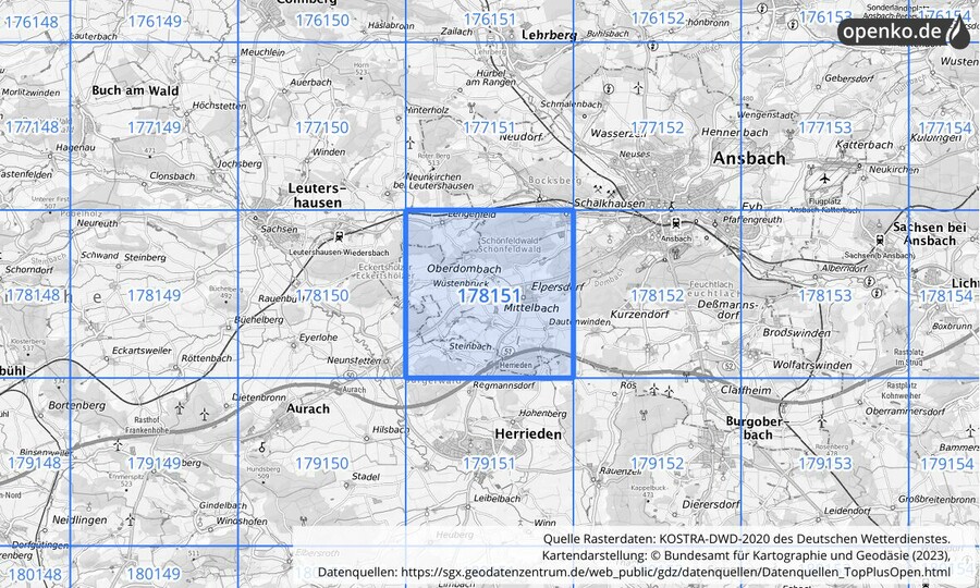 Übersichtskarte des KOSTRA-DWD-2020-Rasterfeldes Nr. 178151