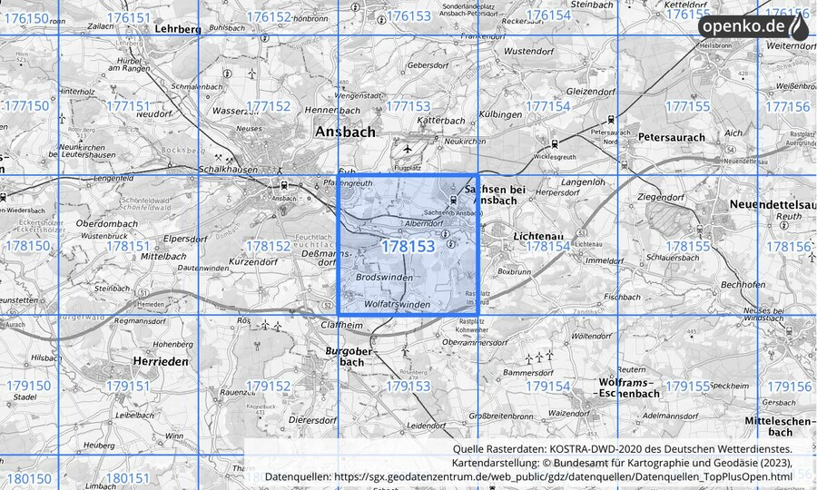 Übersichtskarte des KOSTRA-DWD-2020-Rasterfeldes Nr. 178153