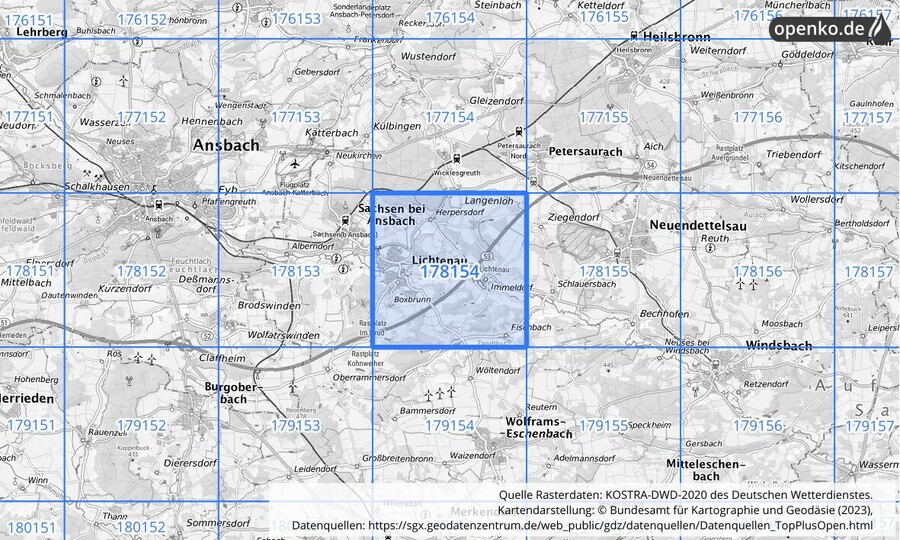 Übersichtskarte des KOSTRA-DWD-2020-Rasterfeldes Nr. 178154