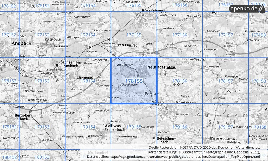 Übersichtskarte des KOSTRA-DWD-2020-Rasterfeldes Nr. 178155