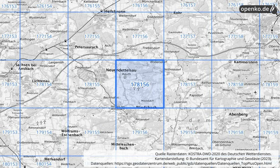 Übersichtskarte des KOSTRA-DWD-2020-Rasterfeldes Nr. 178156