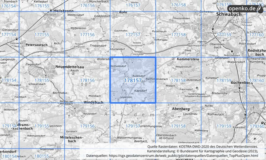 Übersichtskarte des KOSTRA-DWD-2020-Rasterfeldes Nr. 178157