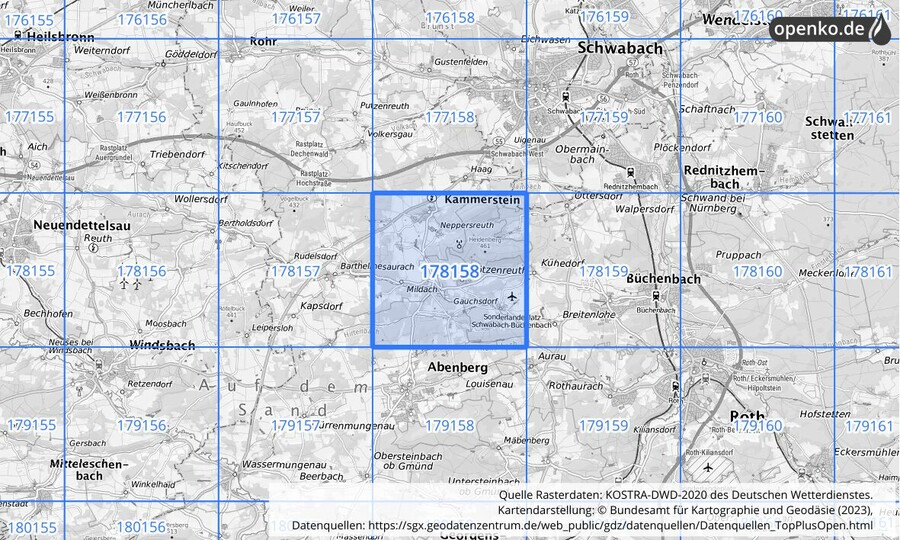 Übersichtskarte des KOSTRA-DWD-2020-Rasterfeldes Nr. 178158