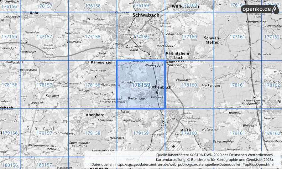 Übersichtskarte des KOSTRA-DWD-2020-Rasterfeldes Nr. 178159