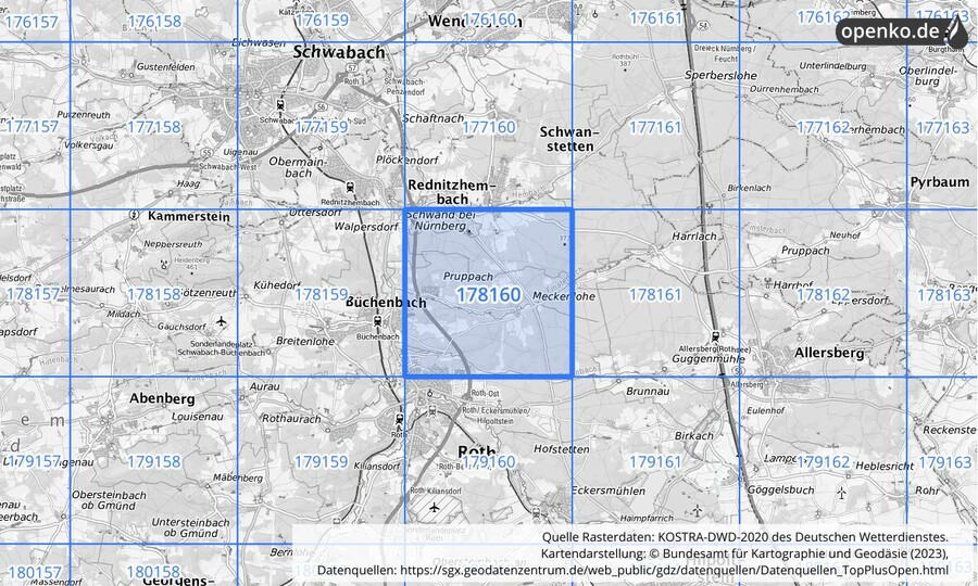 Übersichtskarte des KOSTRA-DWD-2020-Rasterfeldes Nr. 178160