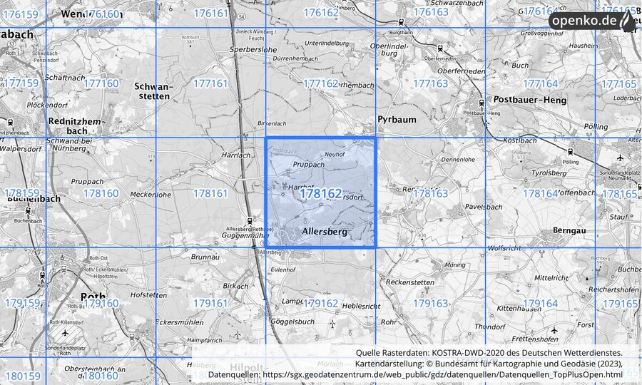 Übersichtskarte des KOSTRA-DWD-2020-Rasterfeldes Nr. 178162