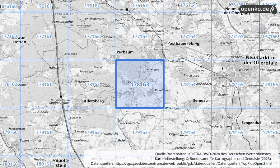 Übersichtskarte des KOSTRA-DWD-2020-Rasterfeldes Nr. 178163