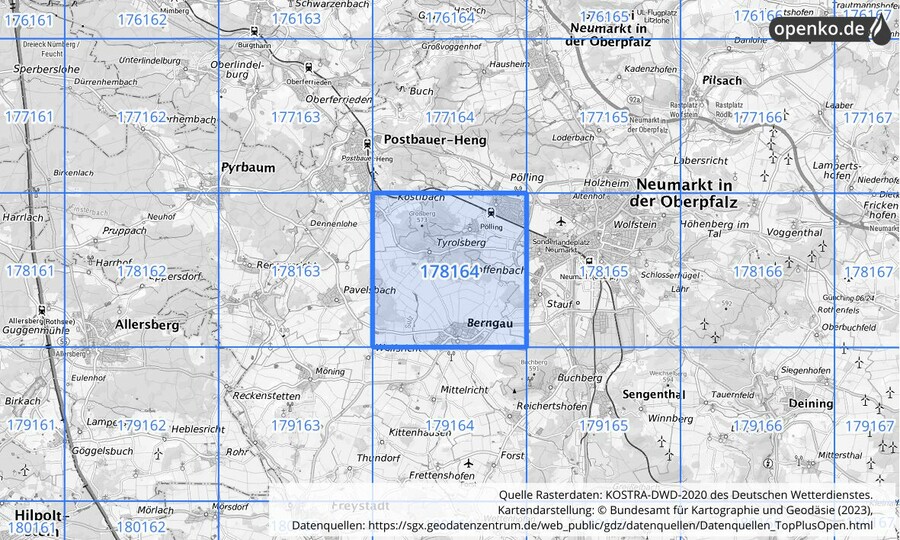 Übersichtskarte des KOSTRA-DWD-2020-Rasterfeldes Nr. 178164