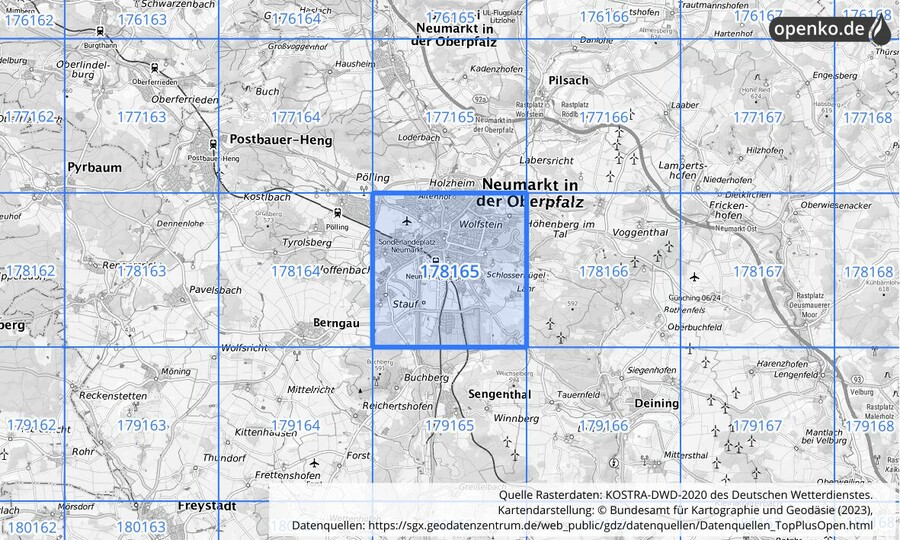 Übersichtskarte des KOSTRA-DWD-2020-Rasterfeldes Nr. 178165