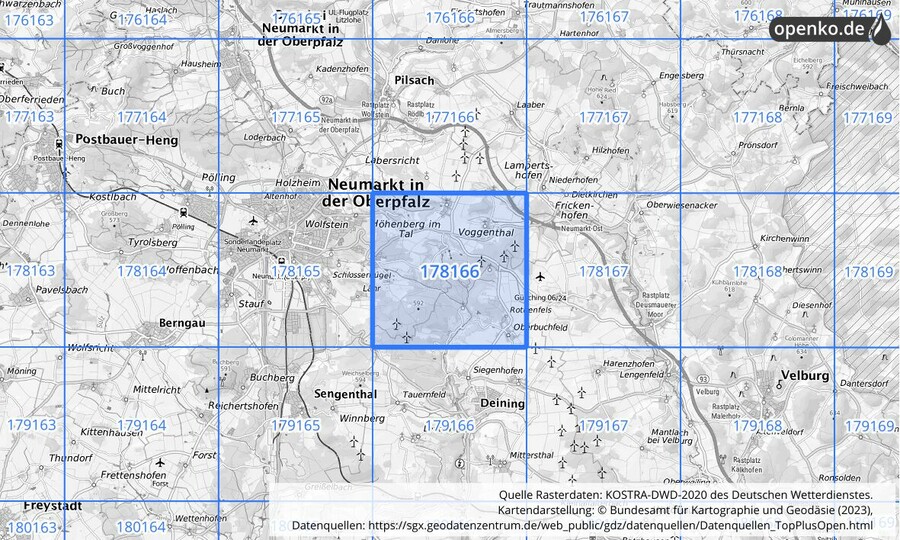 Übersichtskarte des KOSTRA-DWD-2020-Rasterfeldes Nr. 178166