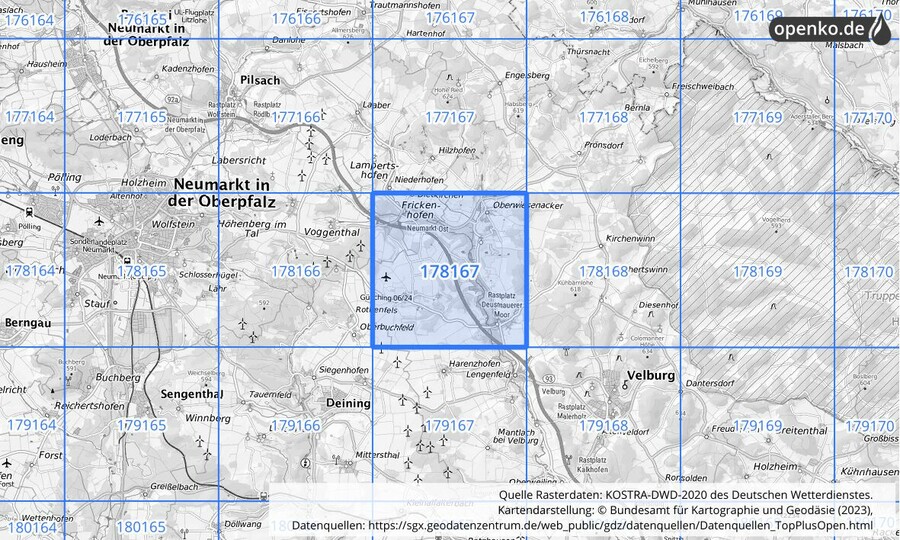 Übersichtskarte des KOSTRA-DWD-2020-Rasterfeldes Nr. 178167