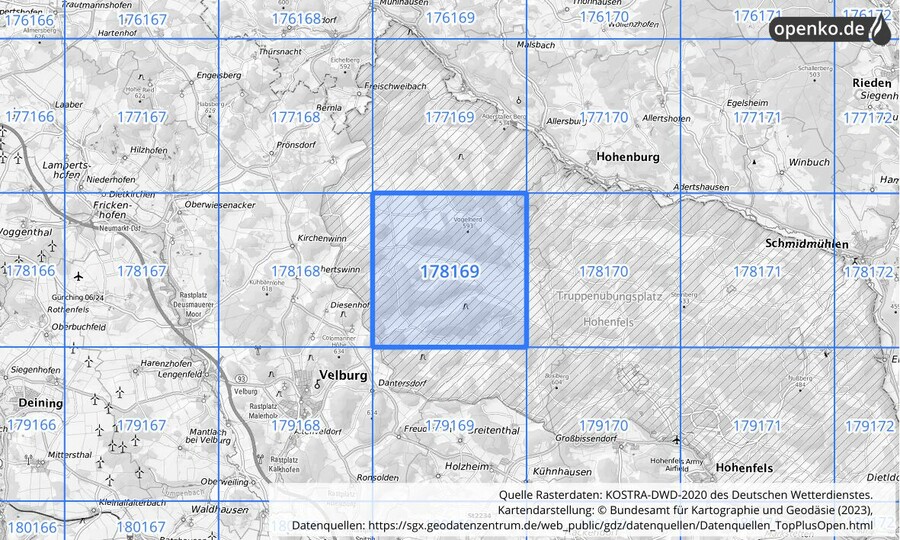 Übersichtskarte des KOSTRA-DWD-2020-Rasterfeldes Nr. 178169