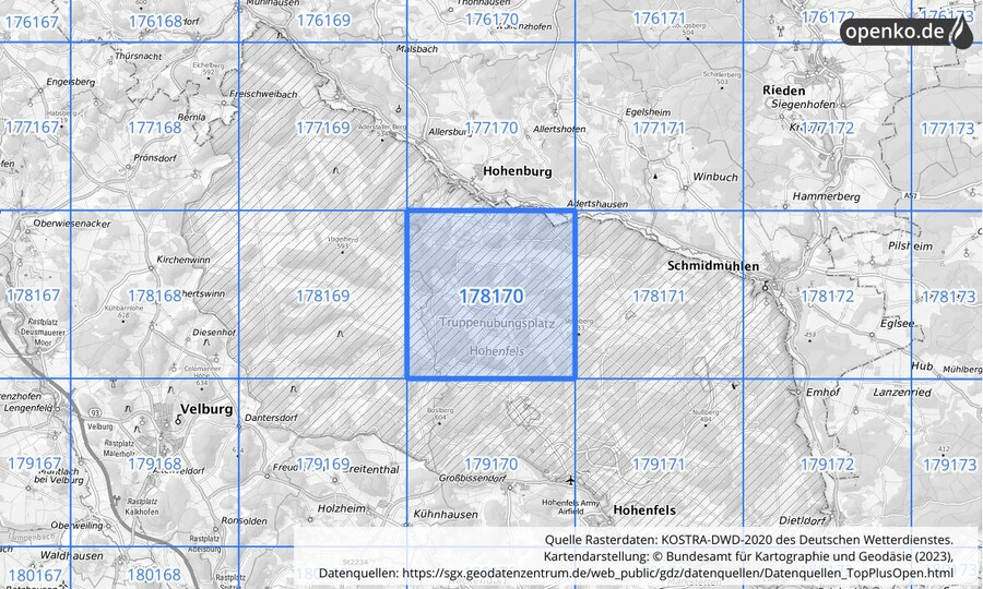 Übersichtskarte des KOSTRA-DWD-2020-Rasterfeldes Nr. 178170