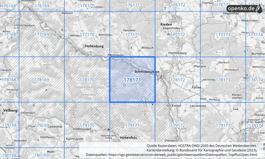 Übersichtskarte des KOSTRA-DWD-2020-Rasterfeldes Nr. 178171