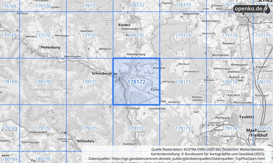 Übersichtskarte des KOSTRA-DWD-2020-Rasterfeldes Nr. 178172