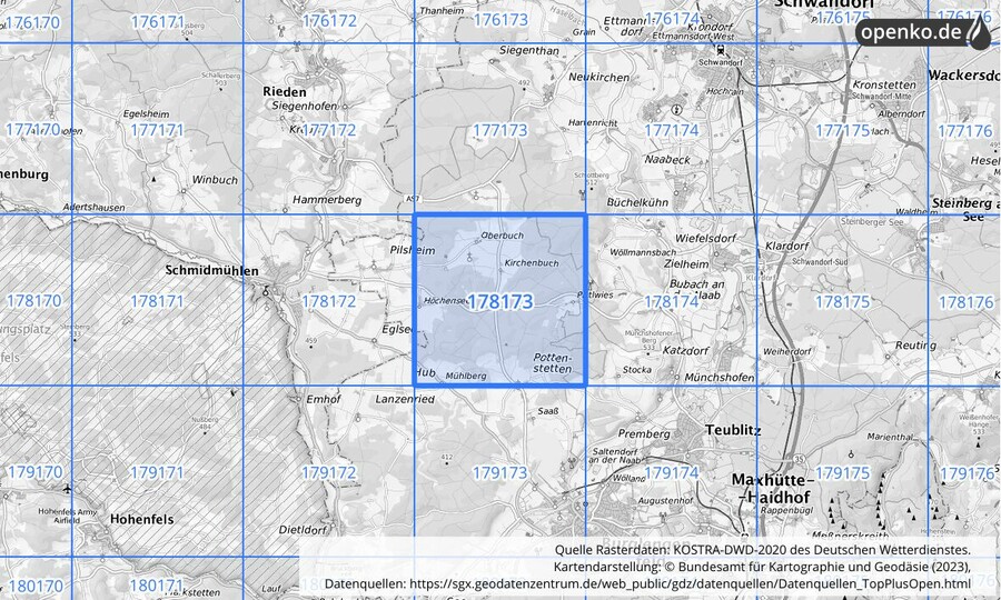 Übersichtskarte des KOSTRA-DWD-2020-Rasterfeldes Nr. 178173