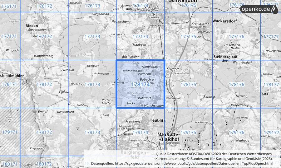 Übersichtskarte des KOSTRA-DWD-2020-Rasterfeldes Nr. 178174