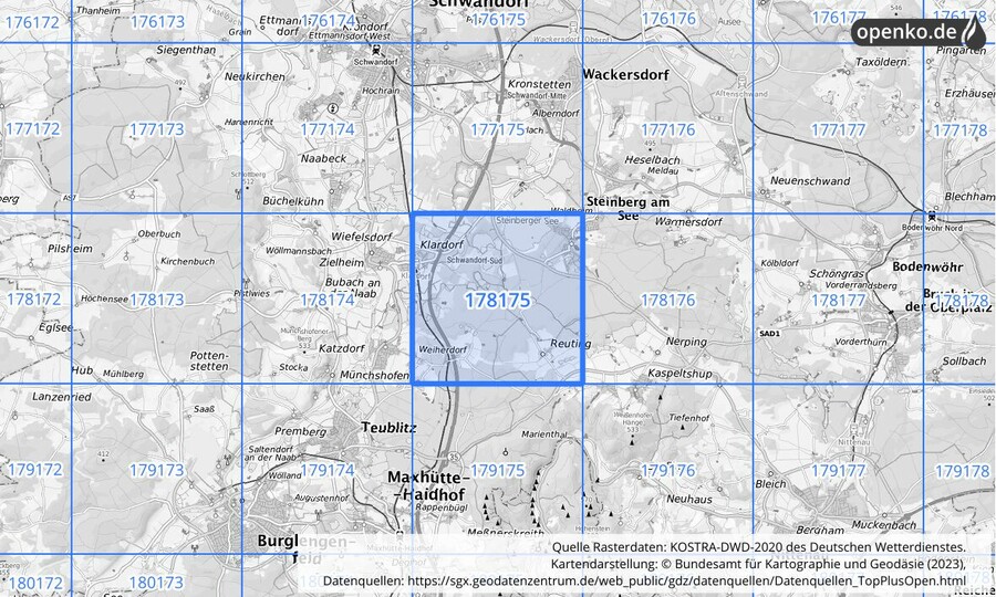 Übersichtskarte des KOSTRA-DWD-2020-Rasterfeldes Nr. 178175