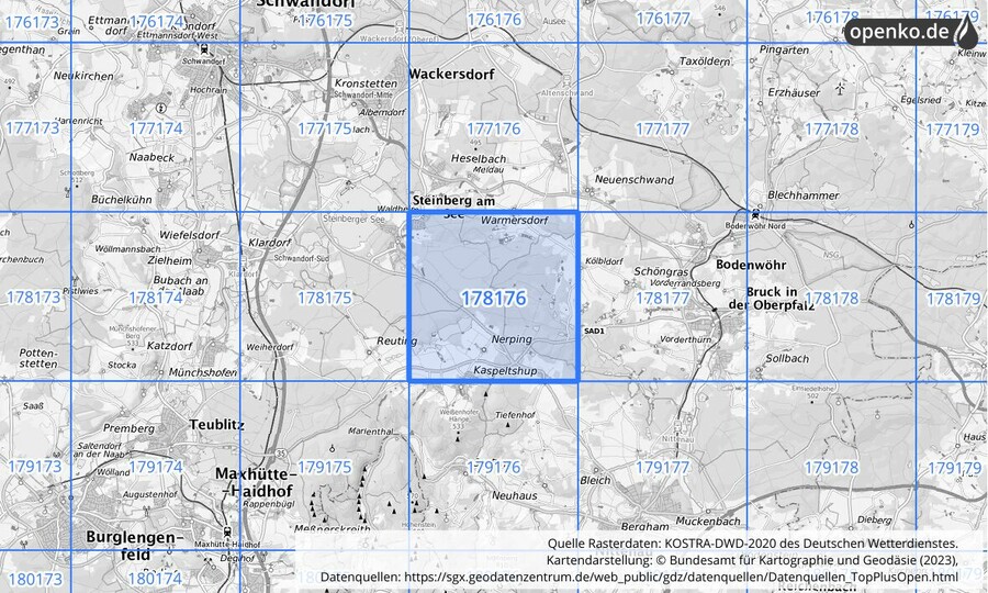 Übersichtskarte des KOSTRA-DWD-2020-Rasterfeldes Nr. 178176