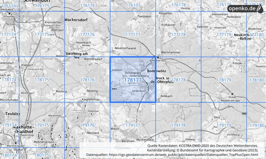 Übersichtskarte des KOSTRA-DWD-2020-Rasterfeldes Nr. 178177